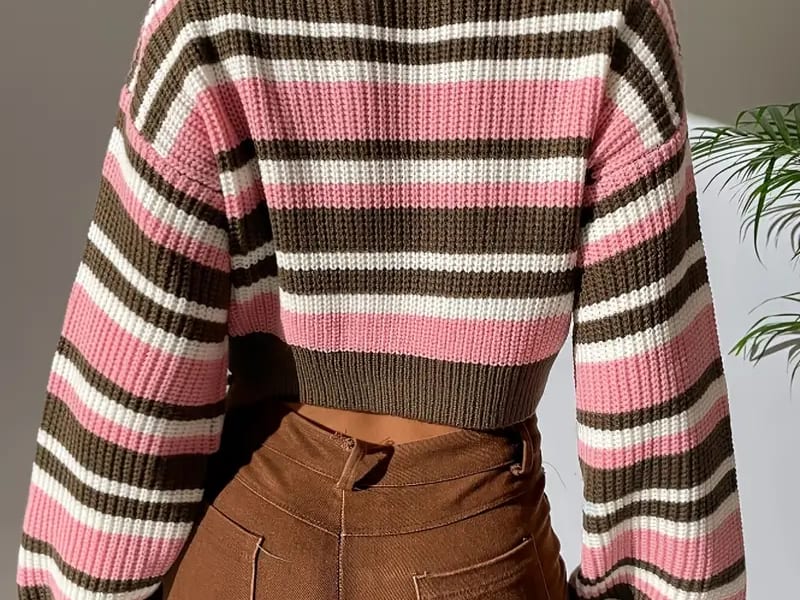 Women Striped Crew Neck Crop Sweater